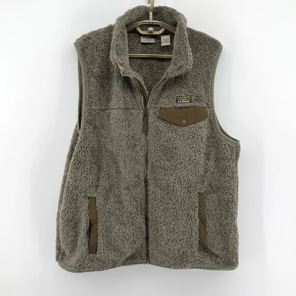 LL Bean Mens Large Mountain Classic Hi-Pile Sherpa Fleece Vest Olive Green 50826